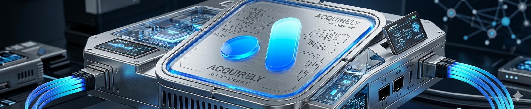 Stylized visualization of Acquirely processing: a detailed unit with glowing blue data pathways and on-device readouts, representing reply processing and appointment-setter training.